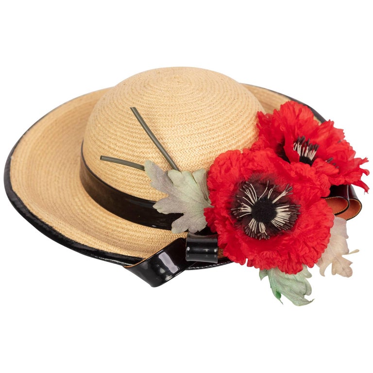 Yves Saint Laurent Straw and Black Patent Leather Red Poppy Flower Hat, 1970s  For Sale