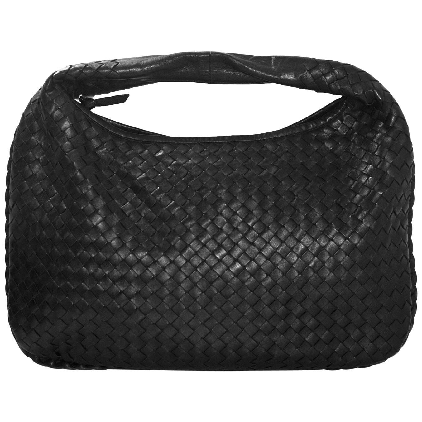 Bottega Veneta Black Leather Intrecciato Medium Hobo Bag