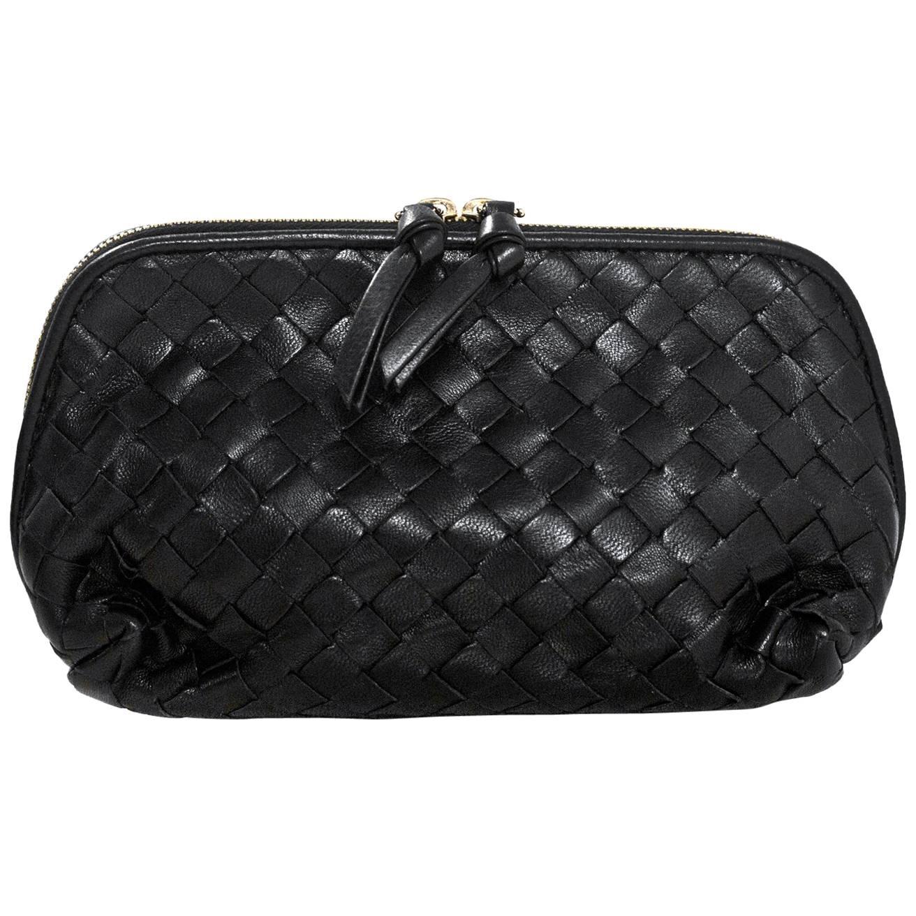 Bottega Veneta Black Woven Leather Intrecciato Small Cosmetic Bag