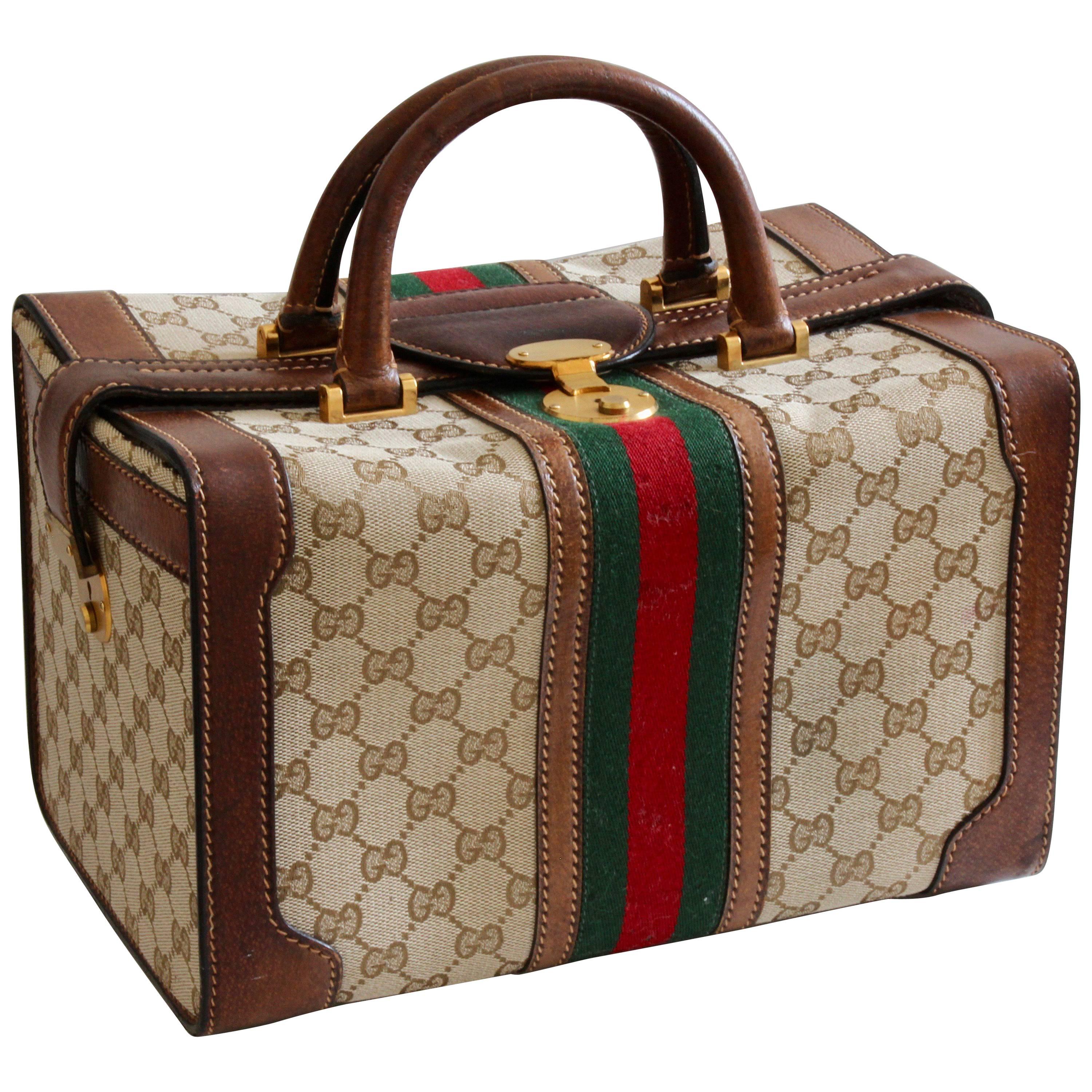 Gucci Logo Doctors Bag Train Case Vanity Webbing Travel Carry On Luggage, 1970s