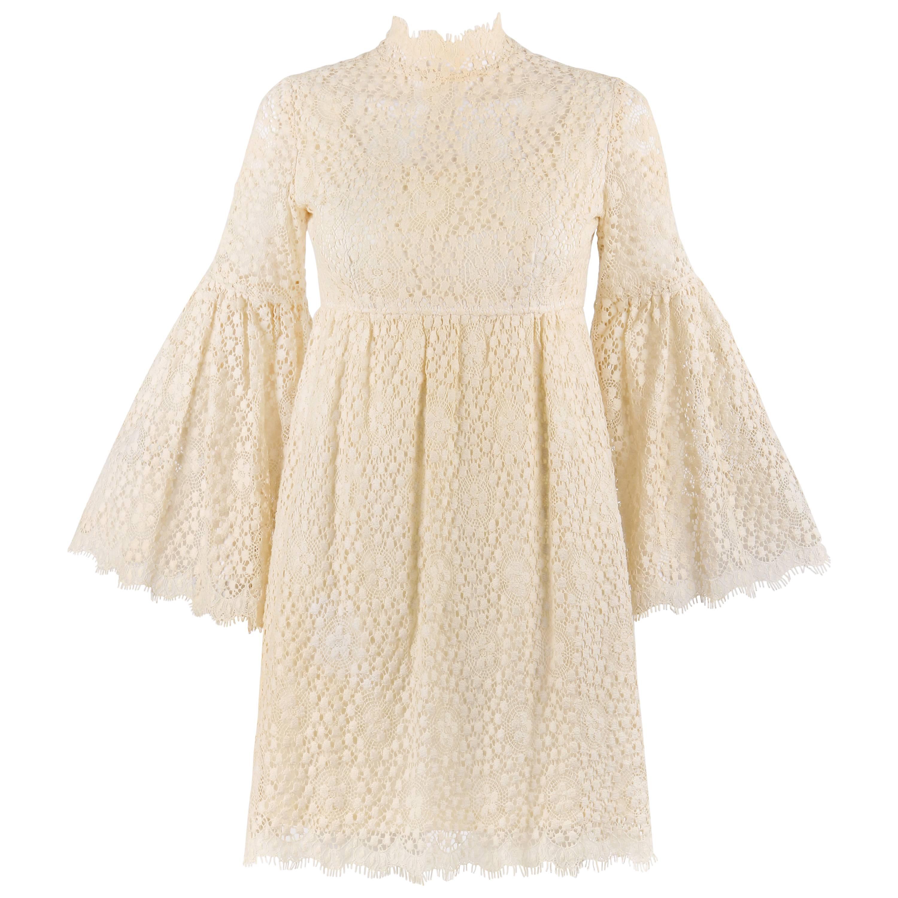 PARC JRS Petite c.1960's Cream Floral Crochet Lace Flounce Sleeve Babydoll Dress