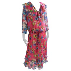 Retro Diane Freis 2pc Dress Georgette Florals Ruffles Tassels Size M/L 80s