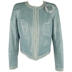 Chanel Light Blue Leather Round Collar Camellia Pin Jacket