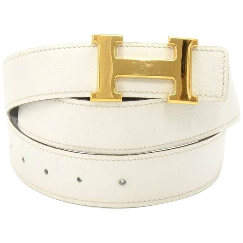 Hermes White and Black Reversible Gold Tone H Buckle Belt Size 90 