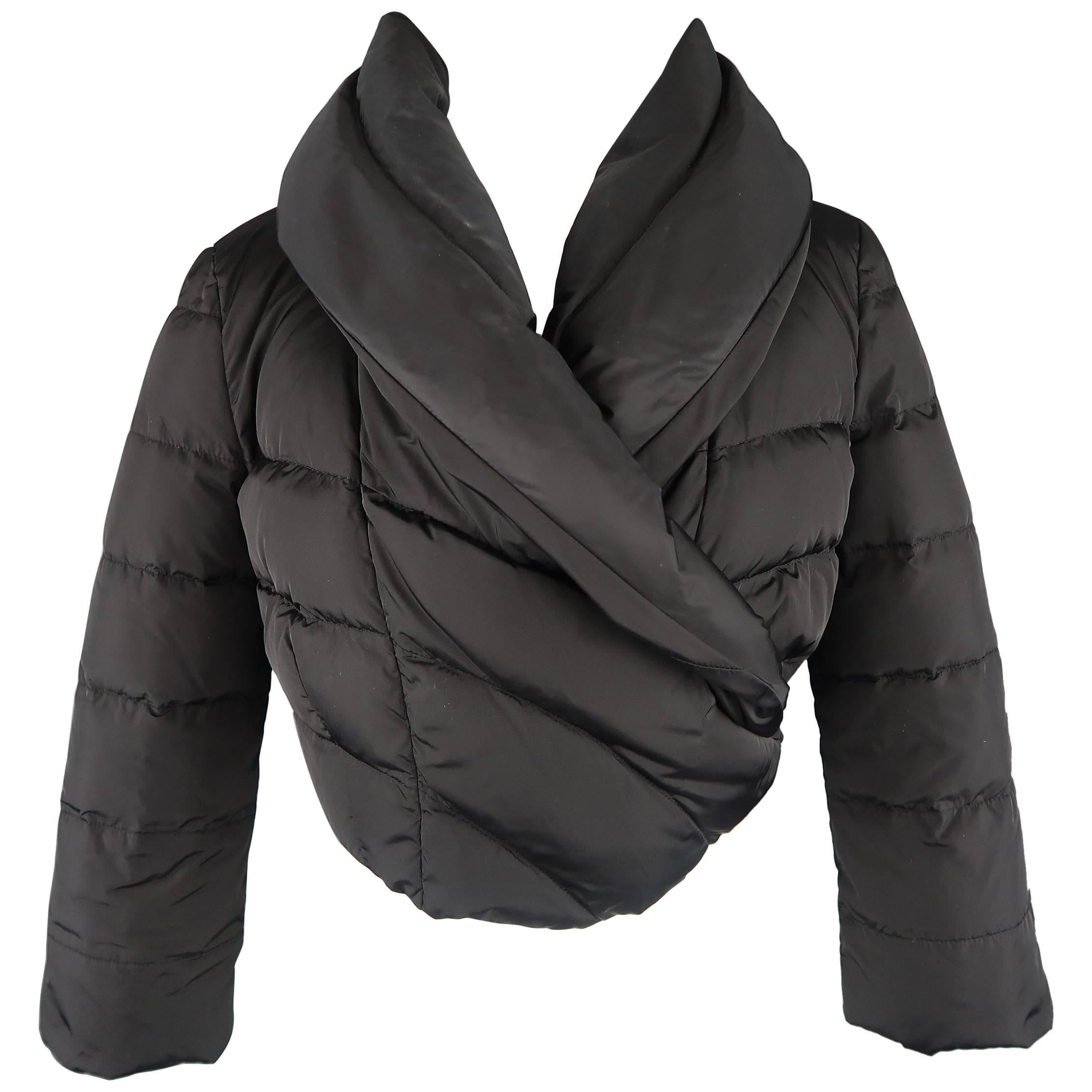 Prada Black Quilted Nylon Cropped Wrap Puffer Jacket