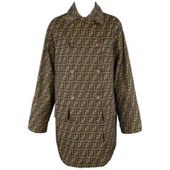 Fendi Brown Zucca Monogram Print Nylon Double Breasted Rain Coat