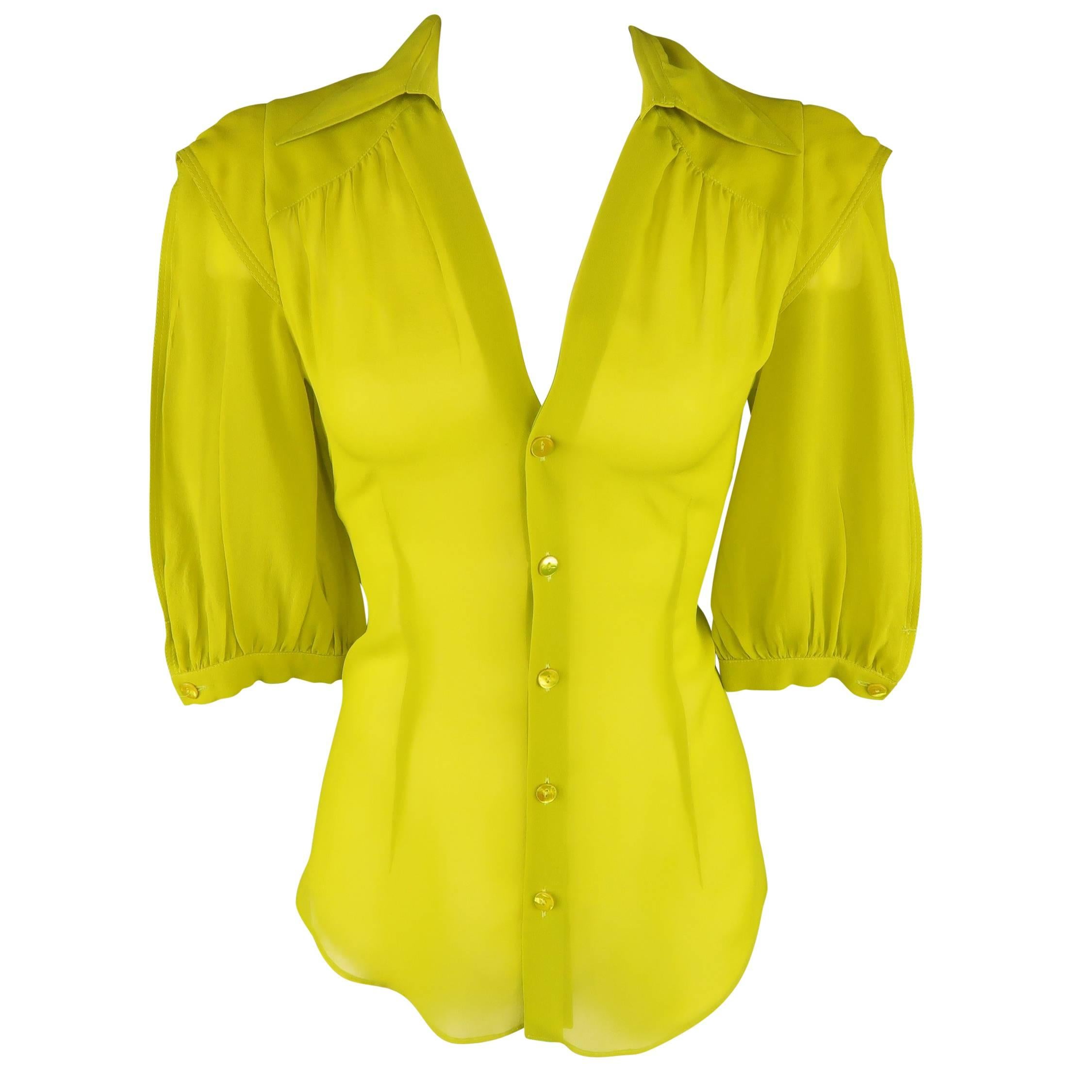 Jean Paul Gaultier Chartreuse Silk Chiffon Shoulder Panel Blouse