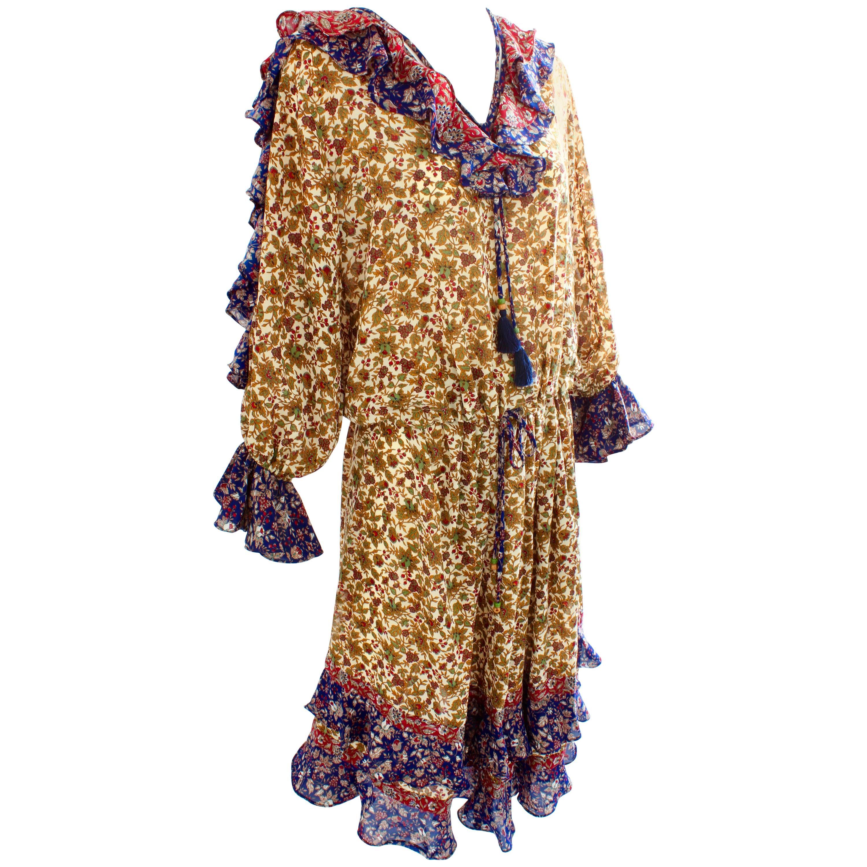 Diane Freis Dress 2pc Floral Ruffles Tassel Ties Size S 1980s 