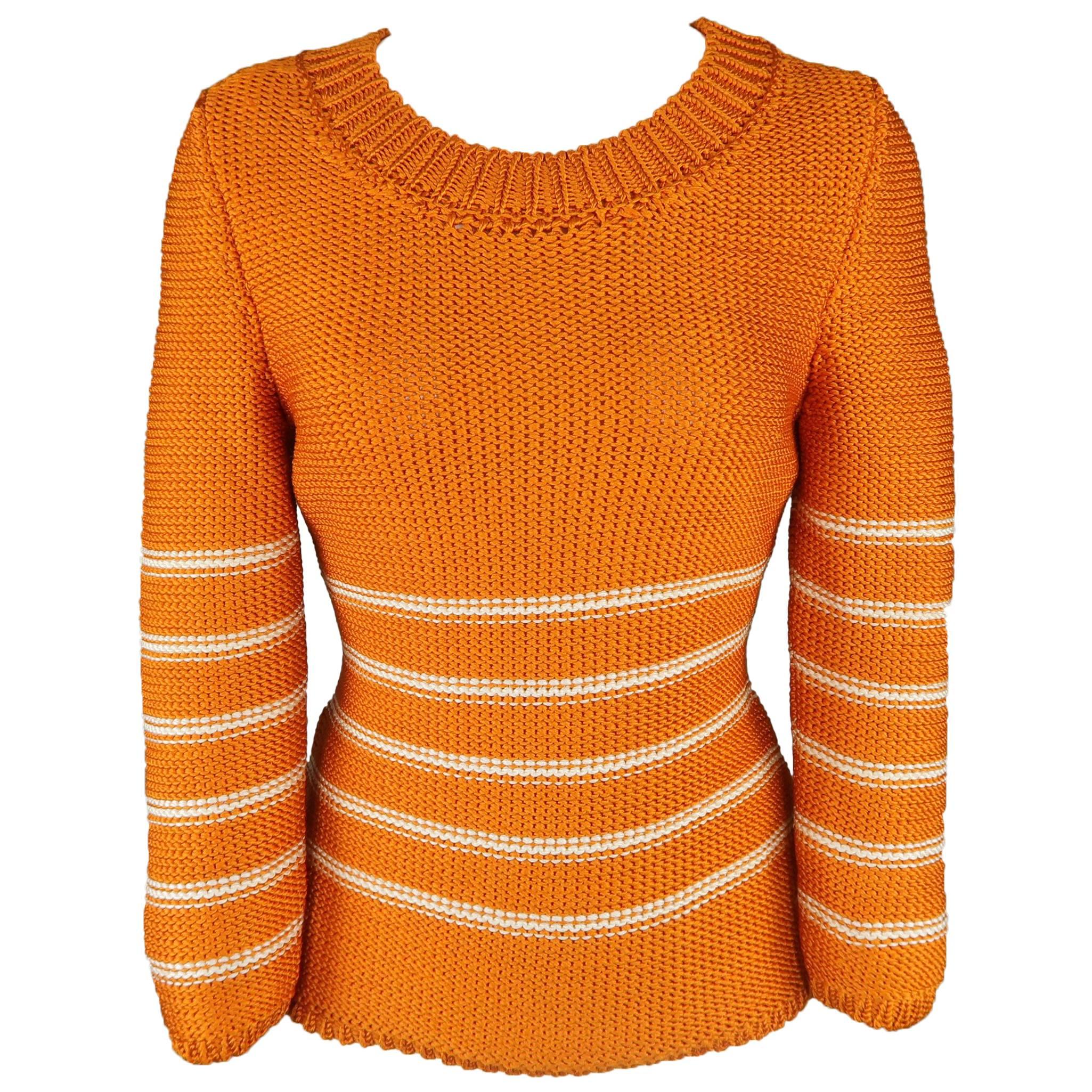 Oscar de la Renta Orange and Cream Striped Silk Knit Pullover