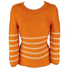 Oscar de la Renta Orange and Cream Striped Silk Knit Pullover