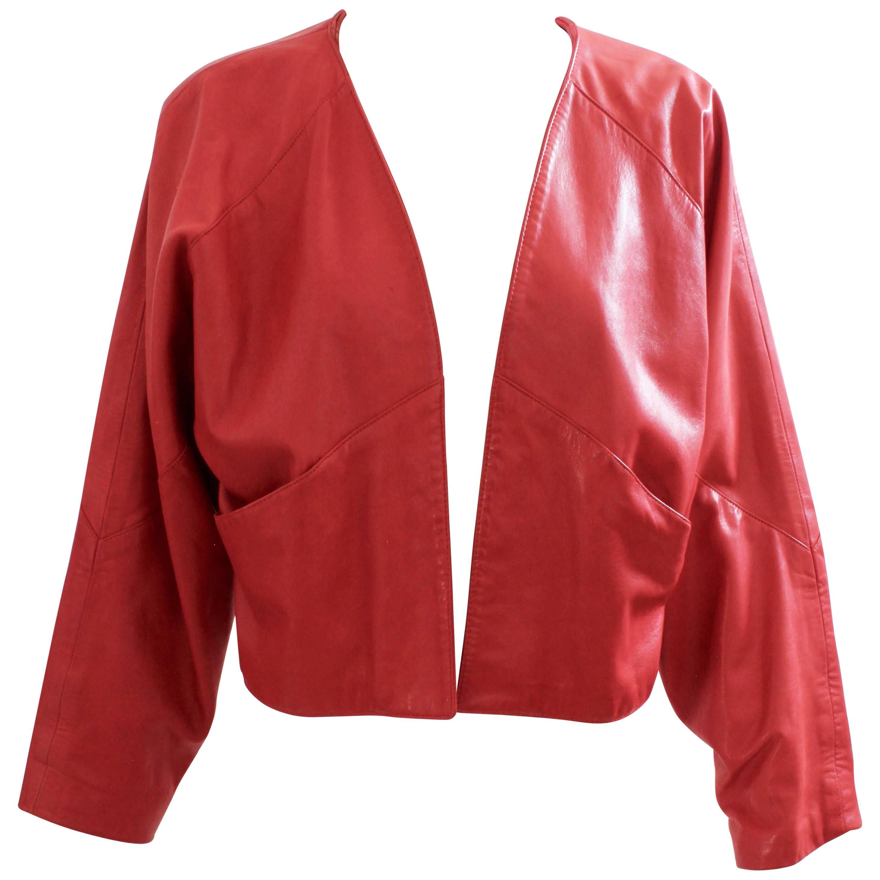 Red Leather Jacket Retro 80s Dolman Sleeves Slash Pockets Size M