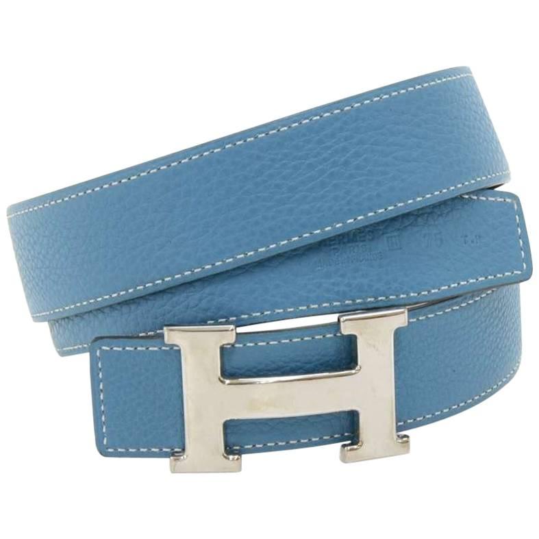 Hermes Blue and Black Reversible Leather Silver Tone H buckle Belt Size 75 