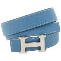Hermes Blue and Black Reversible Leather Silver Tone H buckle Belt Size 75