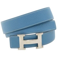 Hermes Blue and Black Reversible Leather Silver Tone H buckle Belt Size 75 