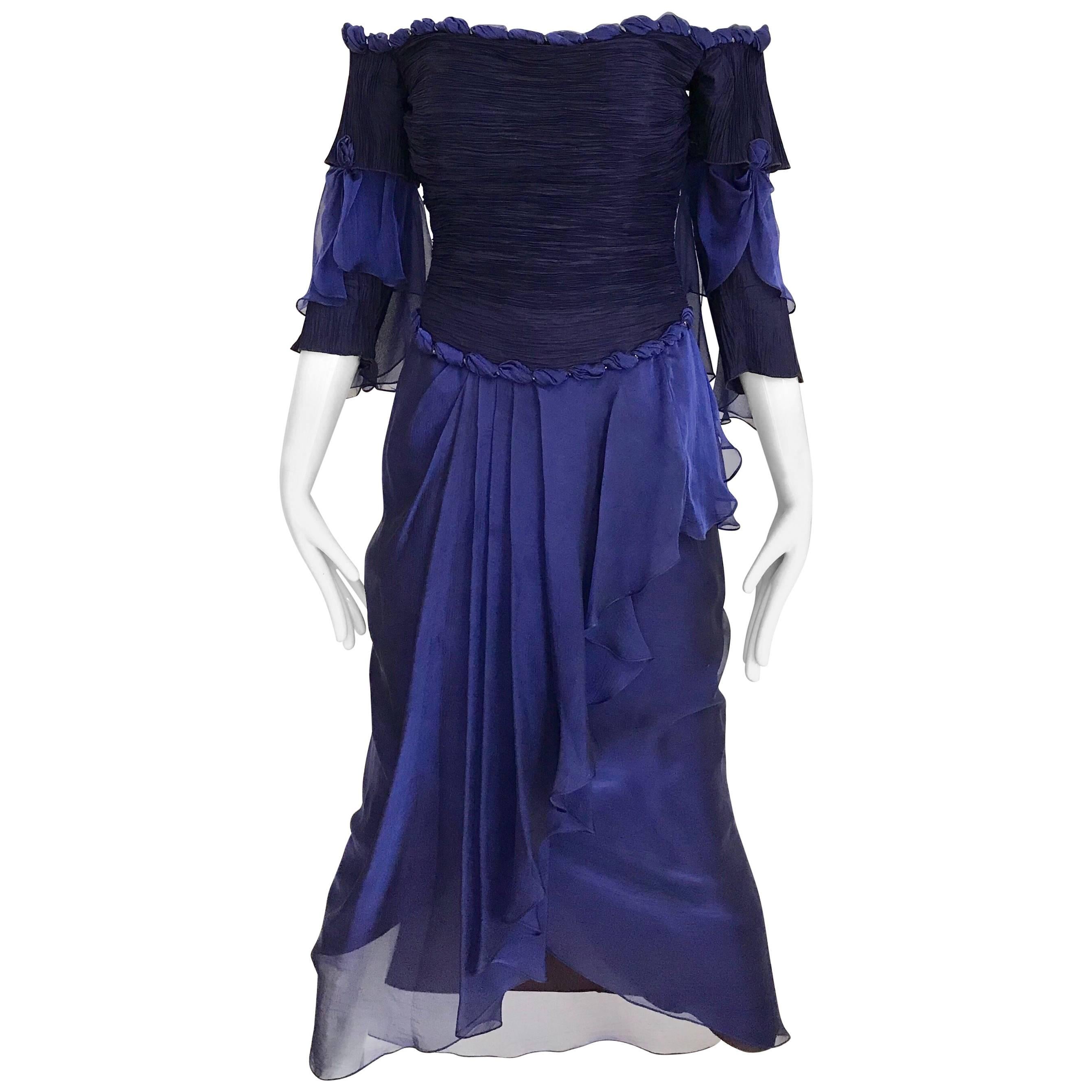 Zandra Rhodes - Robe de cocktail vintage en soie à épaules dénudées, bleue et violette