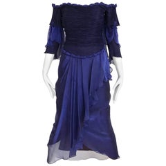 Zandra Rhodes Retro Purple Blue Off Shoulder Cocktail Silk Dress