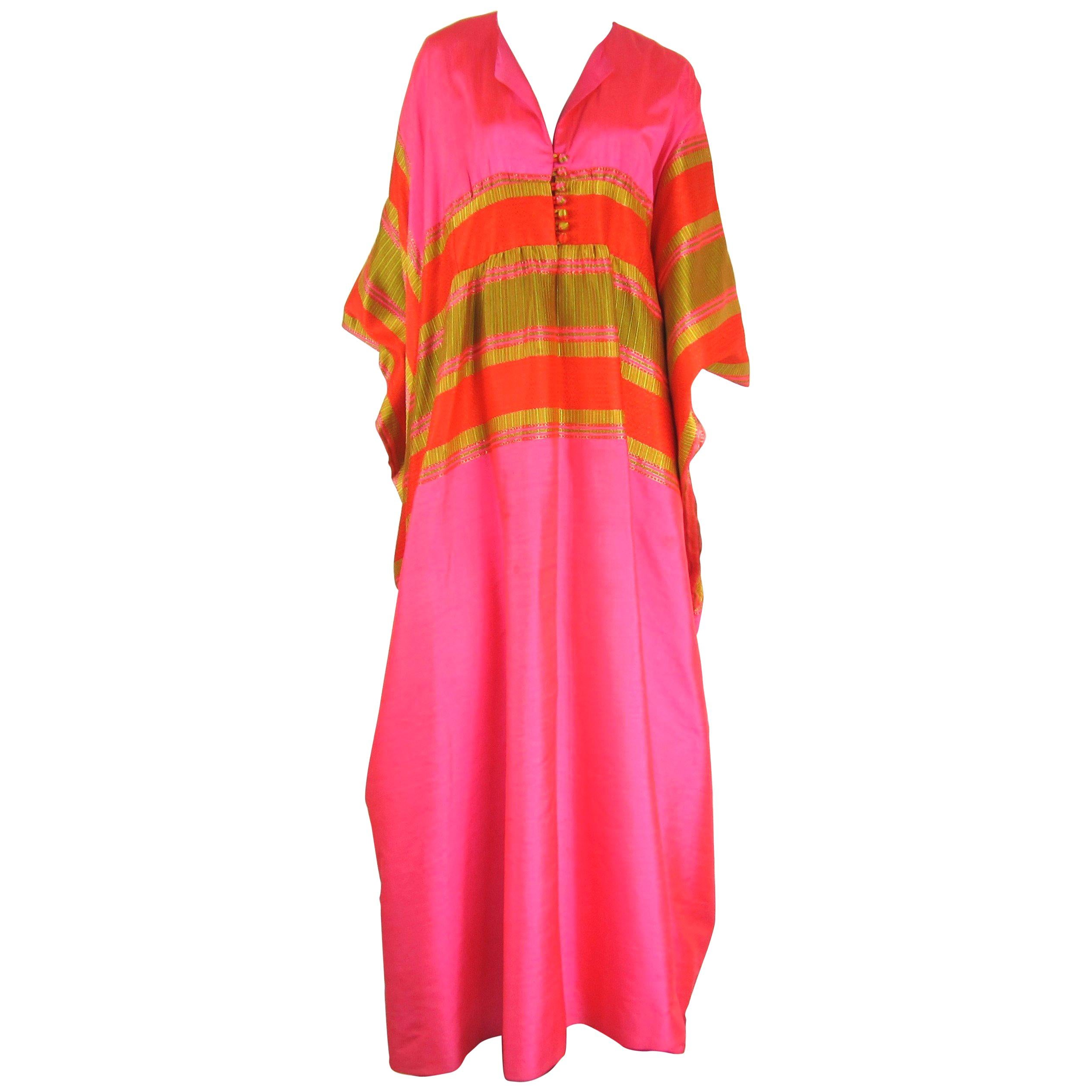 1960s Silk Dupioni Pink Orange Caftan Dress Asian Bergdorf Goodman
