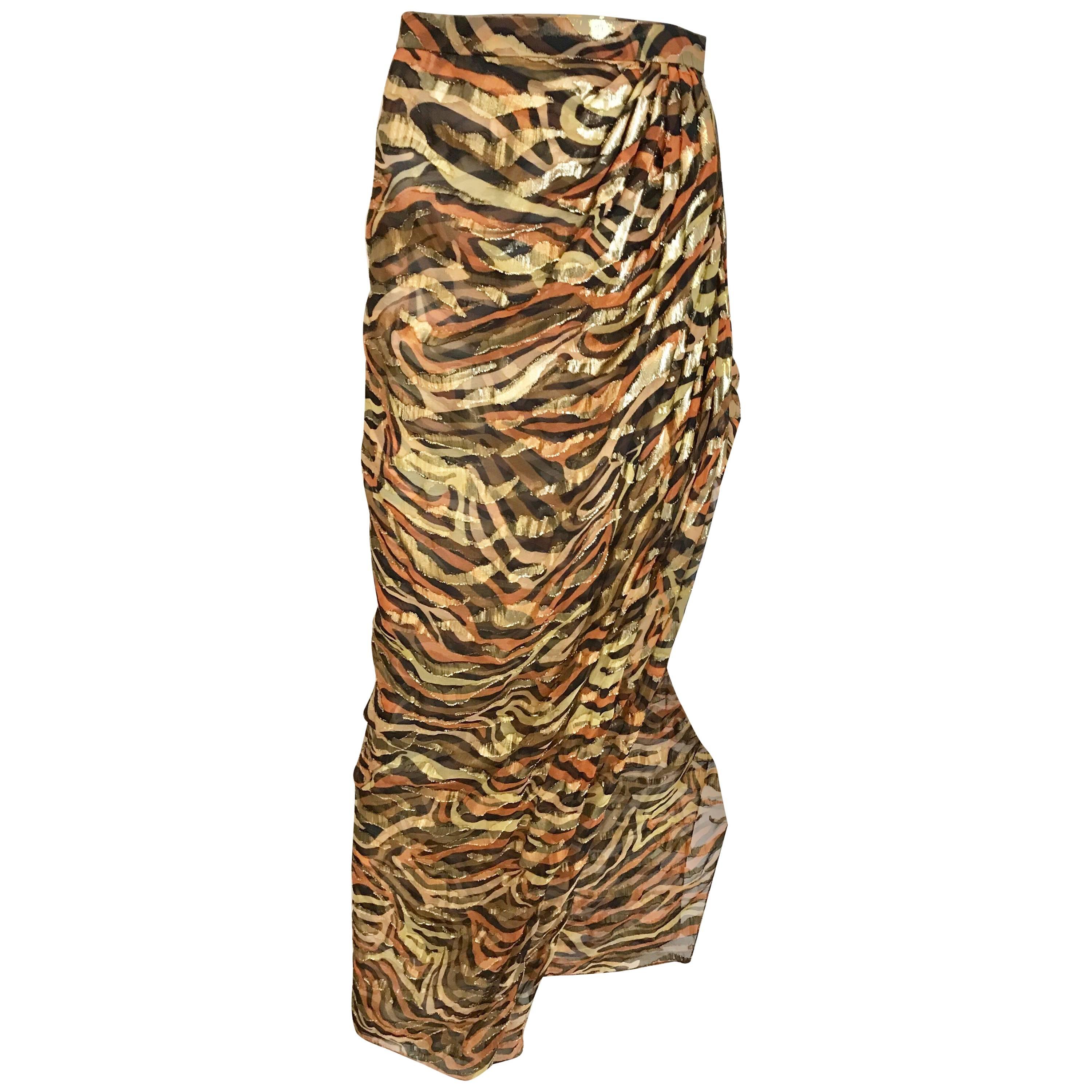 Vintage Bill Blass Gold Metallic Animal Print Silk Lamè Wrap Skirt