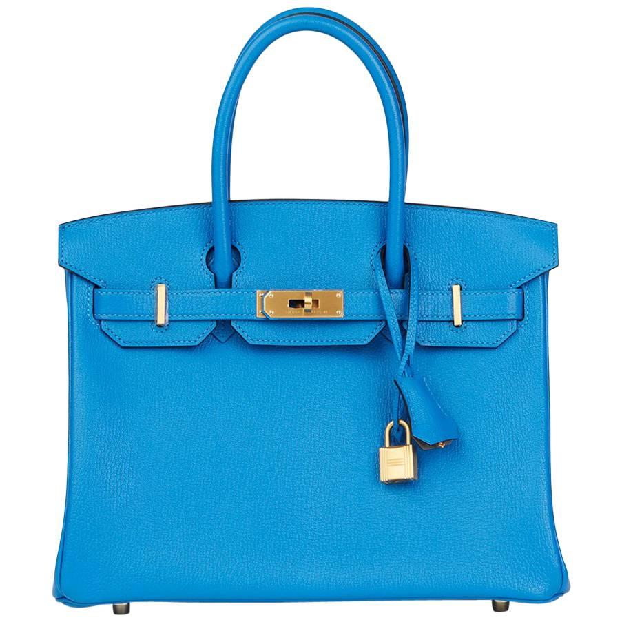 Hermes Blue Hydra and Gris Mouette Chevre Mysore Special Order Birkin 30cm Bag