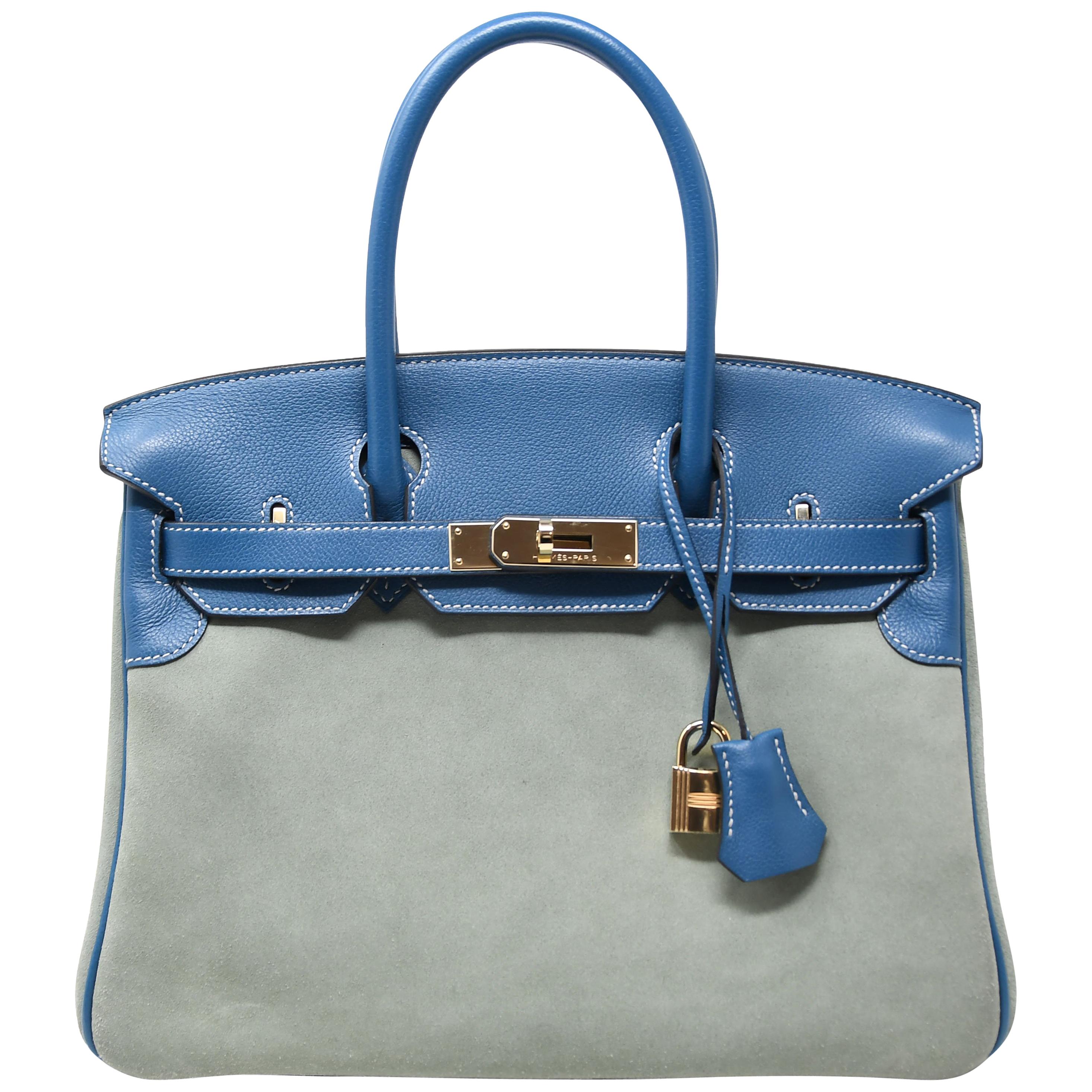 Hermes Birkin Bag 30cm Blue Thalassa Suede with Blue Leather Trim with GHW