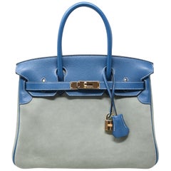 Hermes Birkin Bag 30cm Blue Thalassa Suede with Blue Leather Trim with GHW