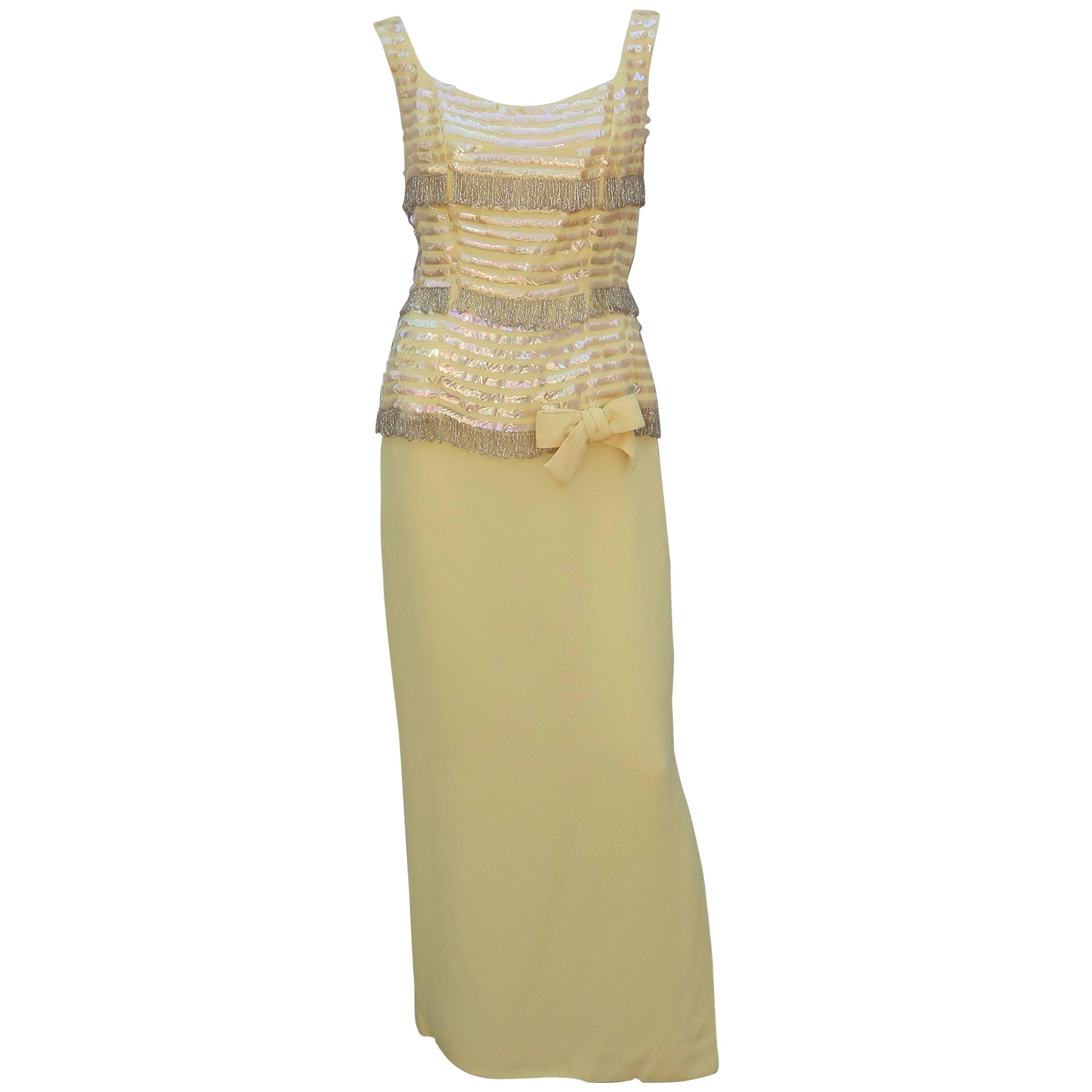 Bernetti Pale Yellow Beaded Evening Dress, circa 1960