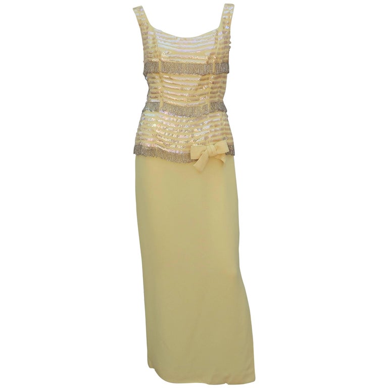 Bernetti Pale Yellow Beaded Evening Dress, circa 1960 For Sale at 1stDibs