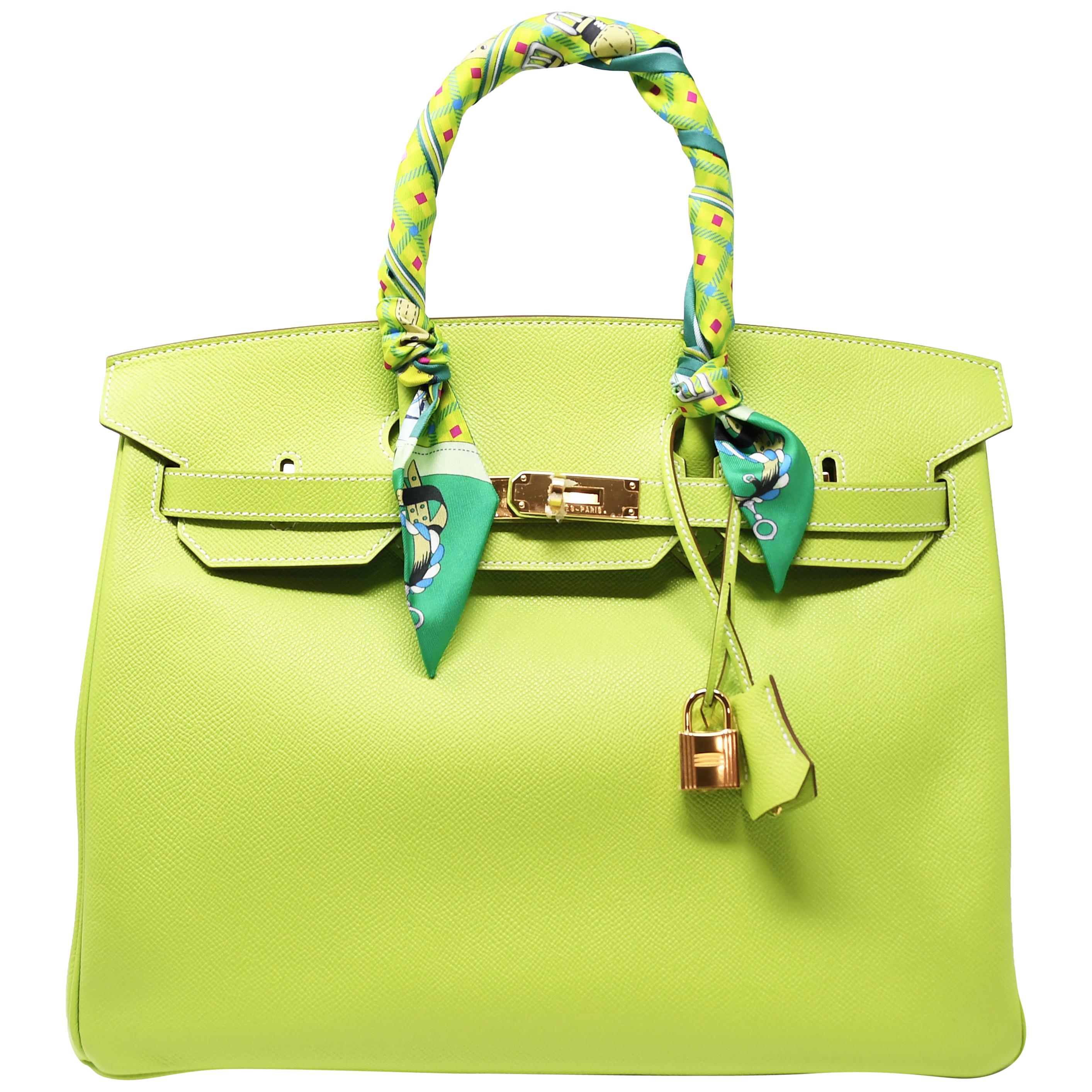 Stand out with the stunning and bold candy kiwi Birkin bag.  Perfect for beach weather and any warm vacation destination.  This is a brand new piece with plastic on the hardware and comes with the original dust cover.  Scarf sold separately.