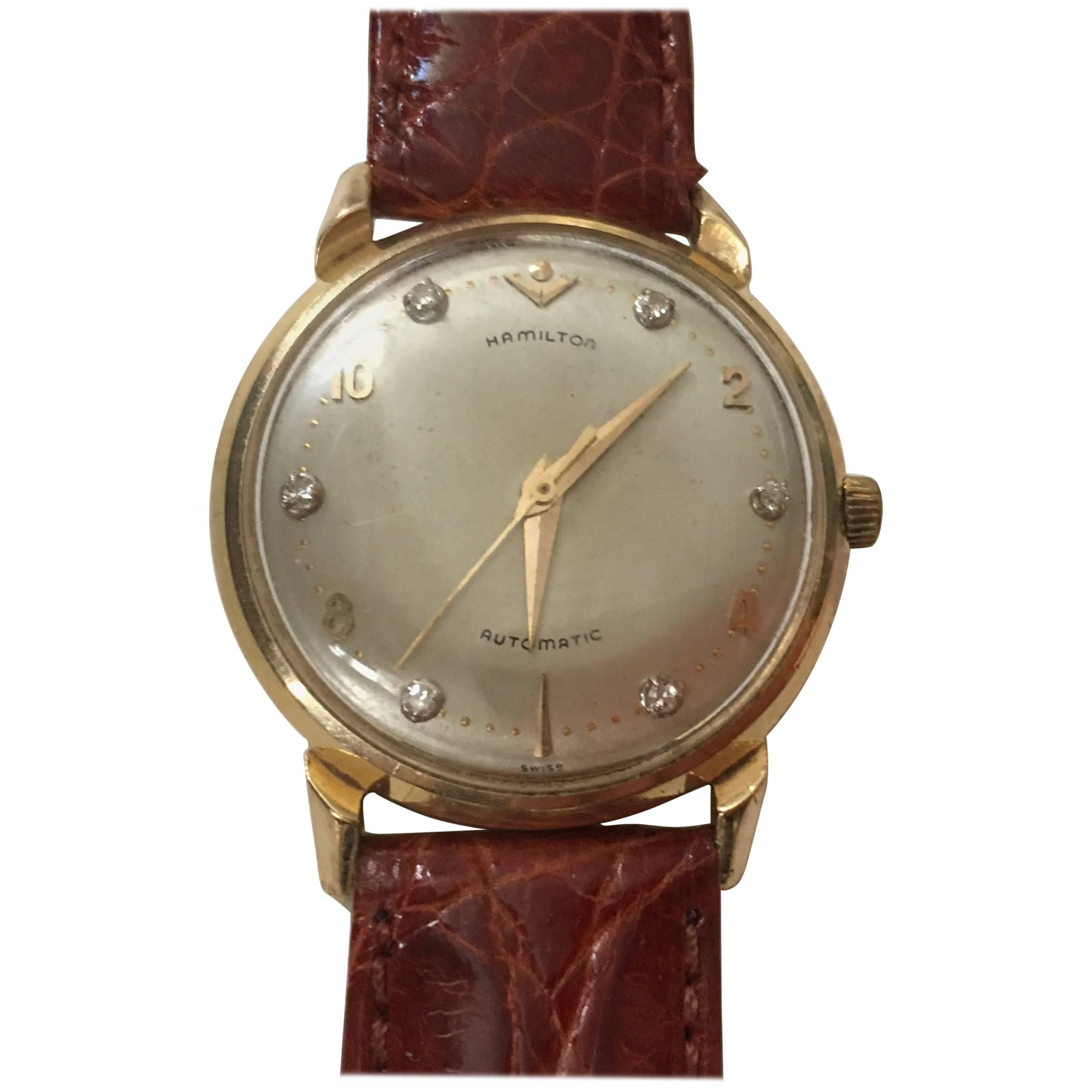 A gentleman's 1950's Hamilton 14 karat  Gold and Diamonds automatic wristwatch For Sale