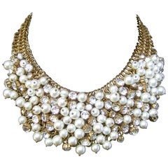 Vintage Crystal and Resin Pearl Encrusted Bib Necklace, circa 1990s