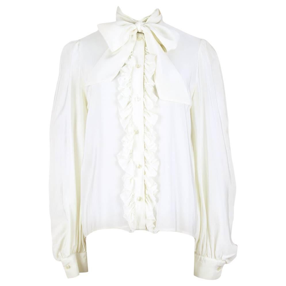 Yves Saint Laurent YSL Cream Silk Bow Tie Ruffled Vintage Blouse Top, 1980s