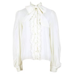 Yves Saint Laurent YSL Cream Silk Bow Tie Ruffled Vintage Blouse Top, 1980s