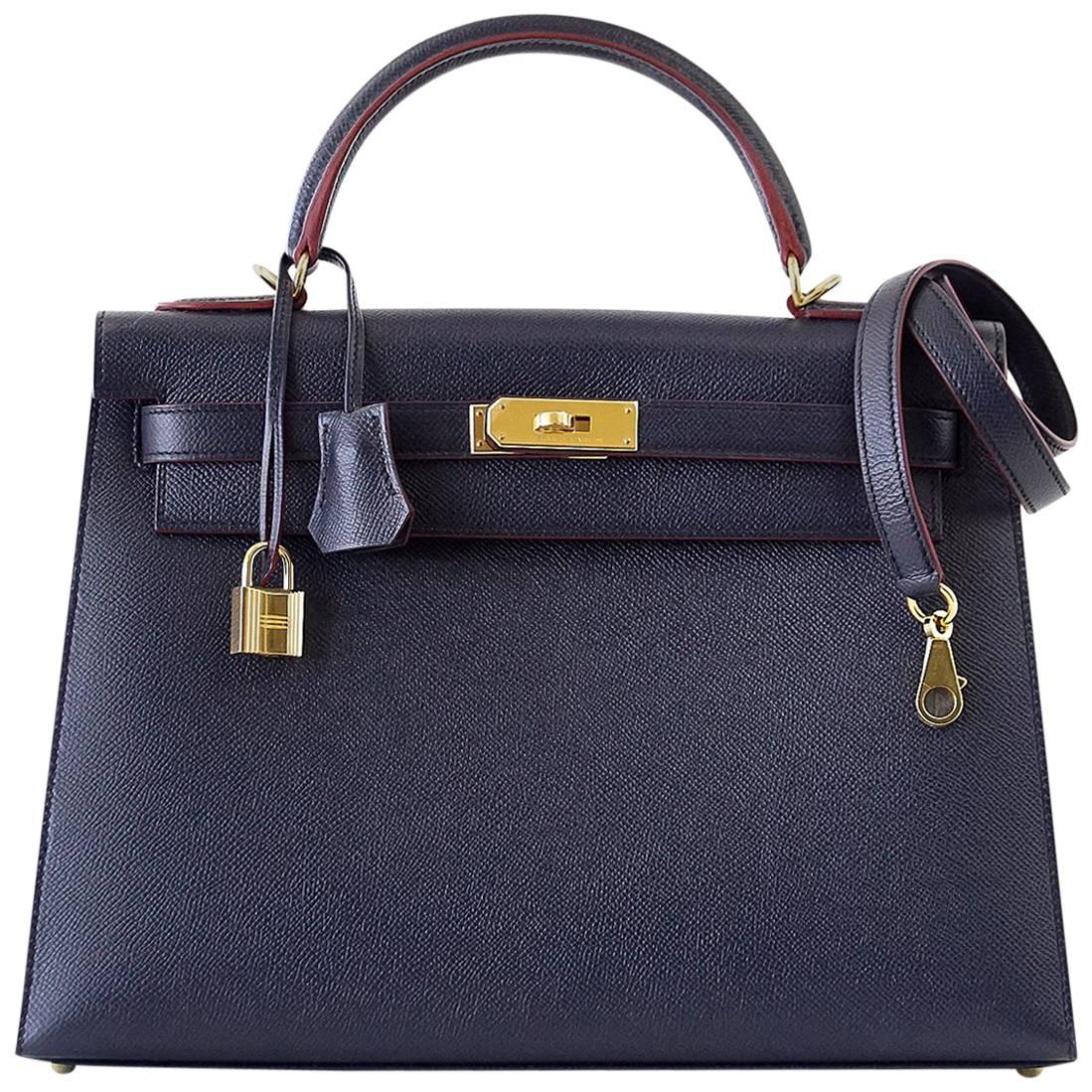 Hermes Kelly 32 Bag Sellier Blue Indigo Rouge Contour Limited Edition Gold