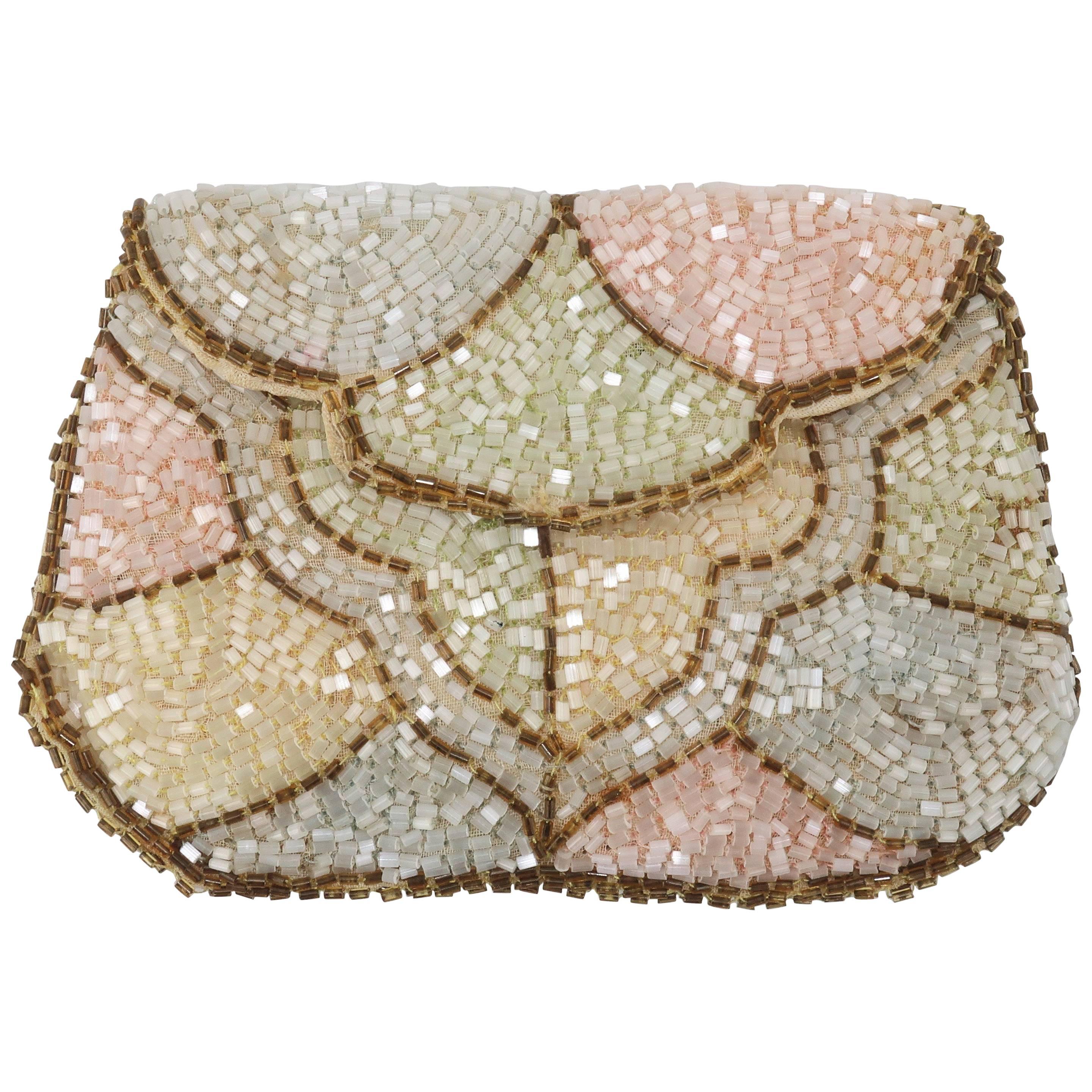 Art Deco Pastel Beaded Small Clutch Handbag, 1930s