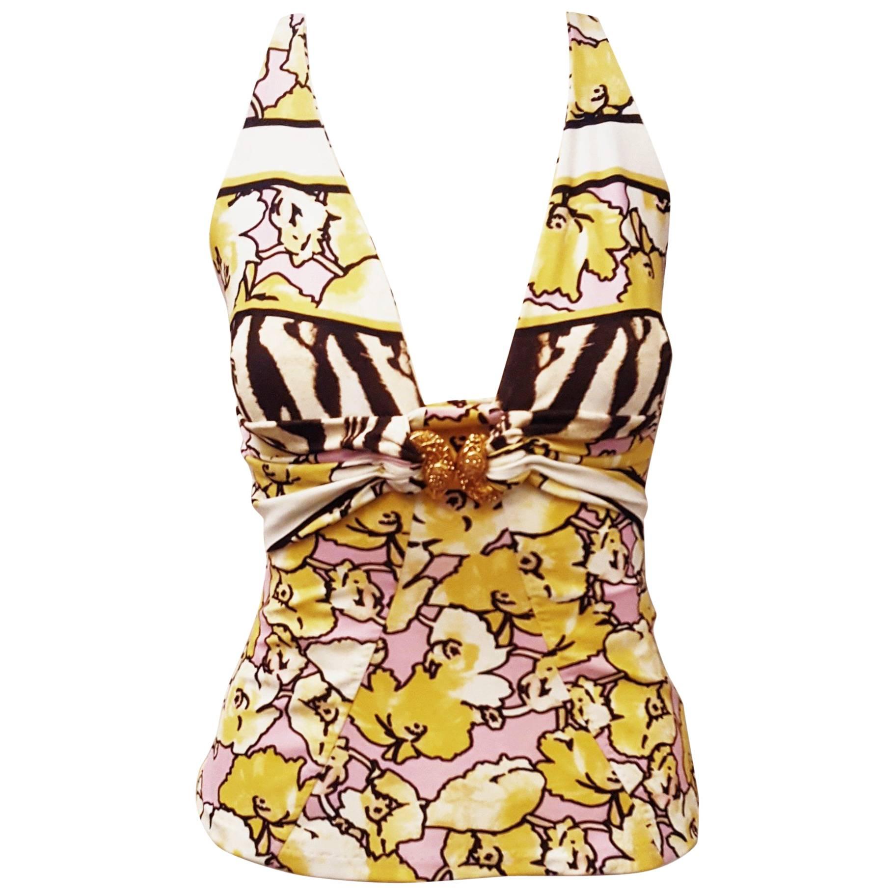 Roberto Cavalli Yellow, Pink Floral Sleeveless Top For Sale