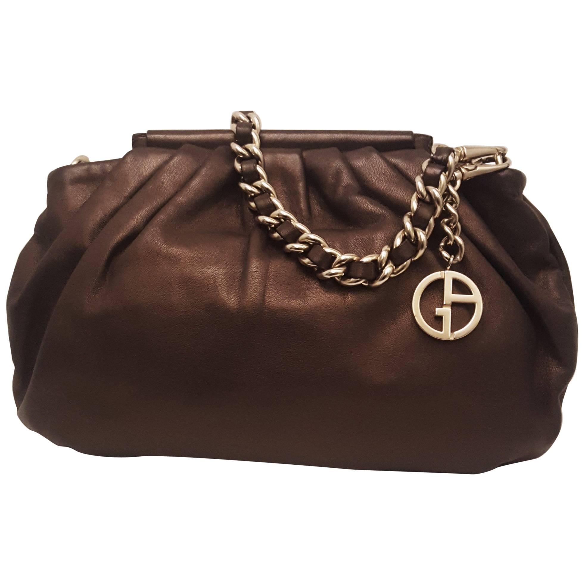 Giorgio Armani Bronze Tone Leather Handbag with Foldable Top Handles 