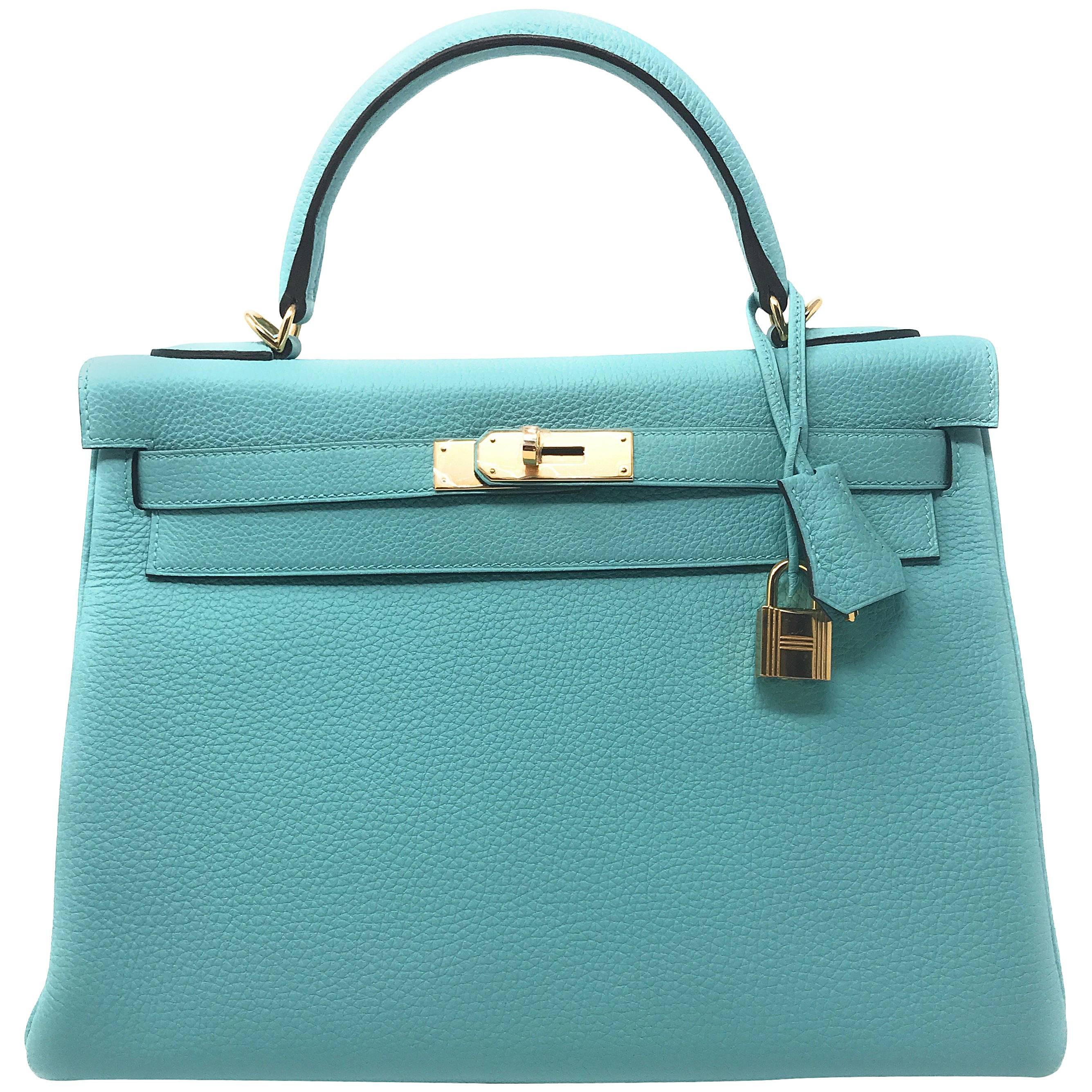 Hermes Kelly 32cm Blue Atoll Bag For Sale