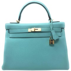 Hermes Kelly 32cm Blue Atoll Bag