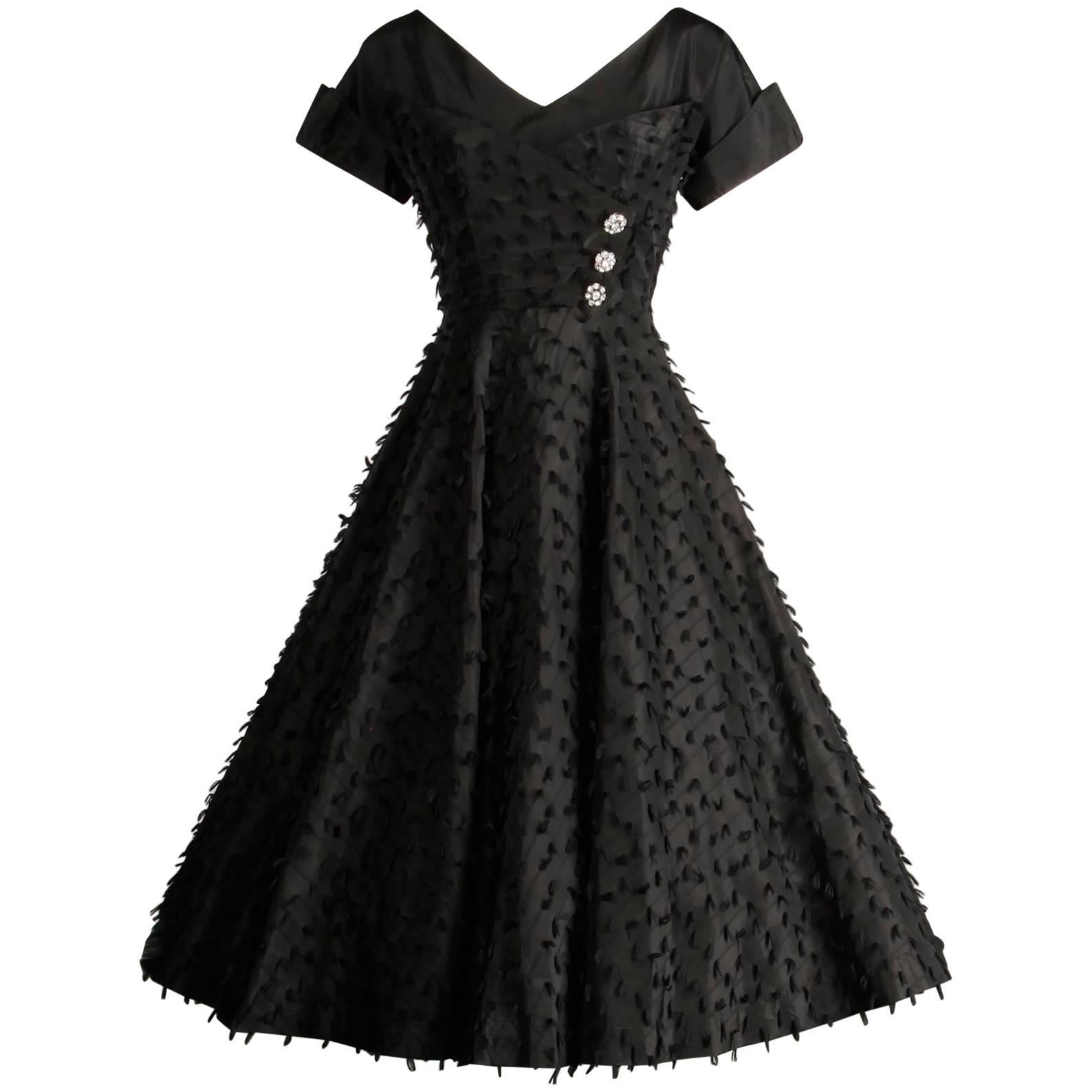 Black Taffeta Full Sweep Vintage Cocktail Dress with Rhinestone Buttons, 1950s 