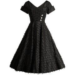Black Taffeta Full Sweep Vintage Cocktail Dress with Rhinestone Buttons, 1950s