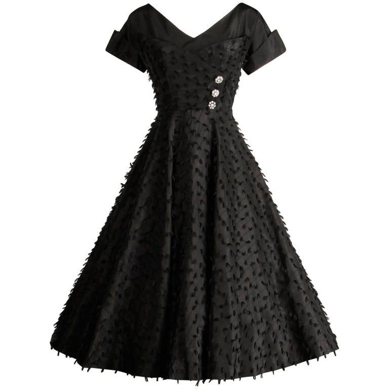 Black Taffeta Full Sweep Vintage Cocktail Dress with Rhinestone Buttons