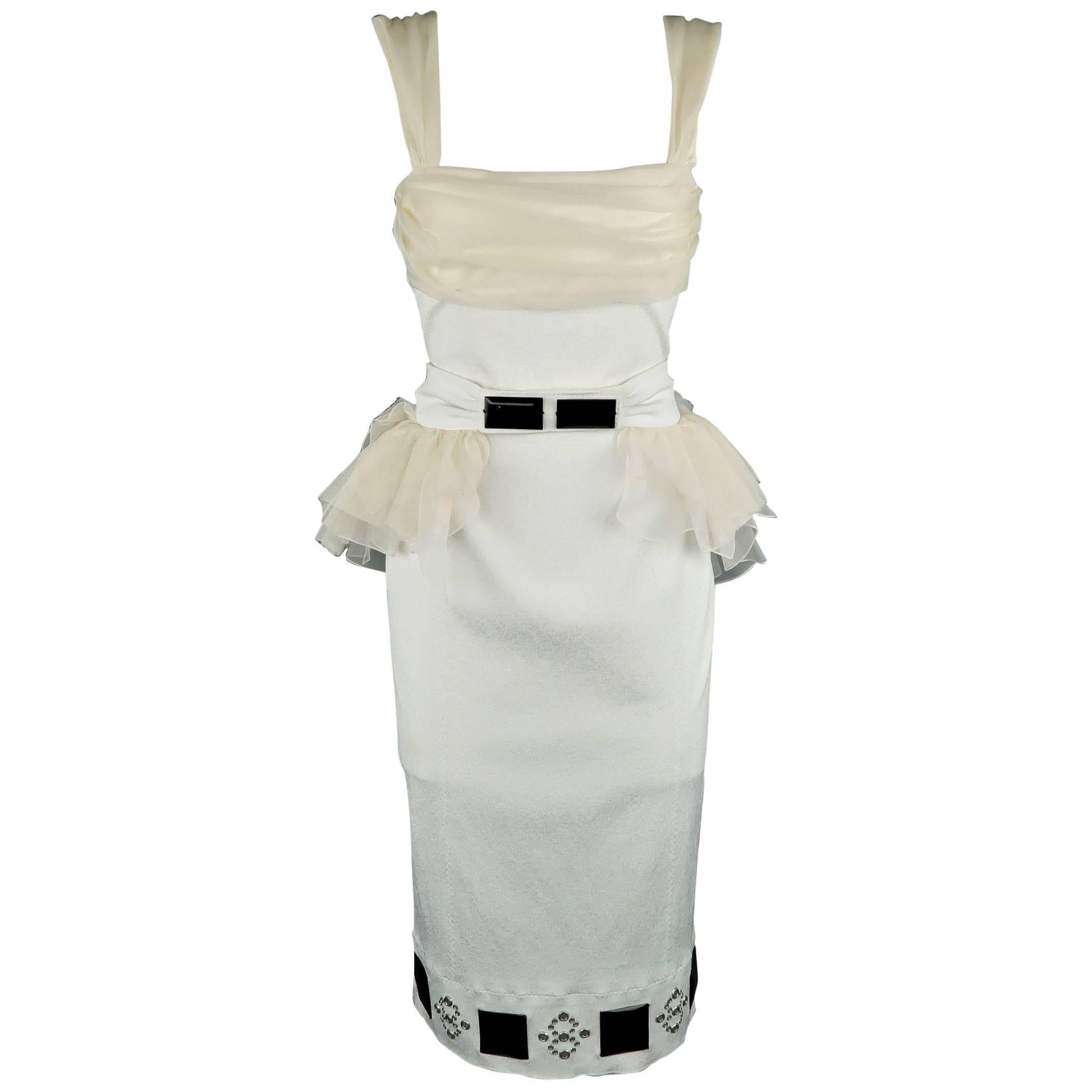 Louis Vuitton White and Beige Ruched Bust Ruffled Belt Cocktail Dress
