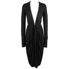 DONNA KARAN Size M Black Jersey Deep V Tied Long Sleeve Dress