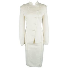 GIORGIO ARMANI Size 6 Cream Ribbed Band Collar Jacket Skirt Suit