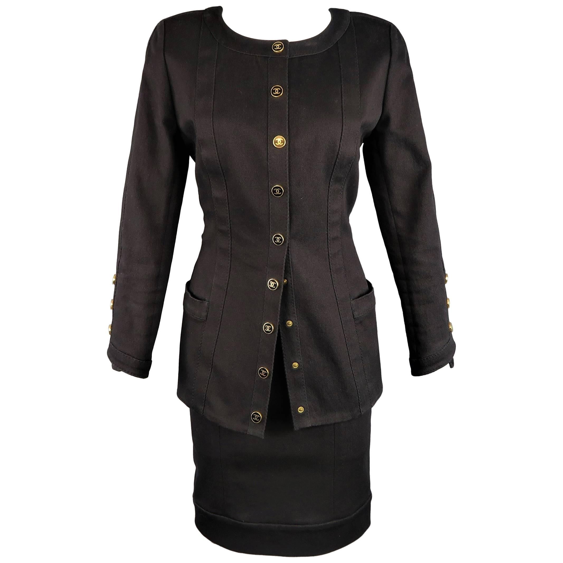 Vintage CHANEL Skirt Suit - Size 8 Black Denim Gold Logo Snap