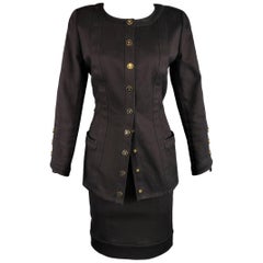 Vintage CHANEL Skirt Suit - Size 8 Black Denim Gold Logo Snap