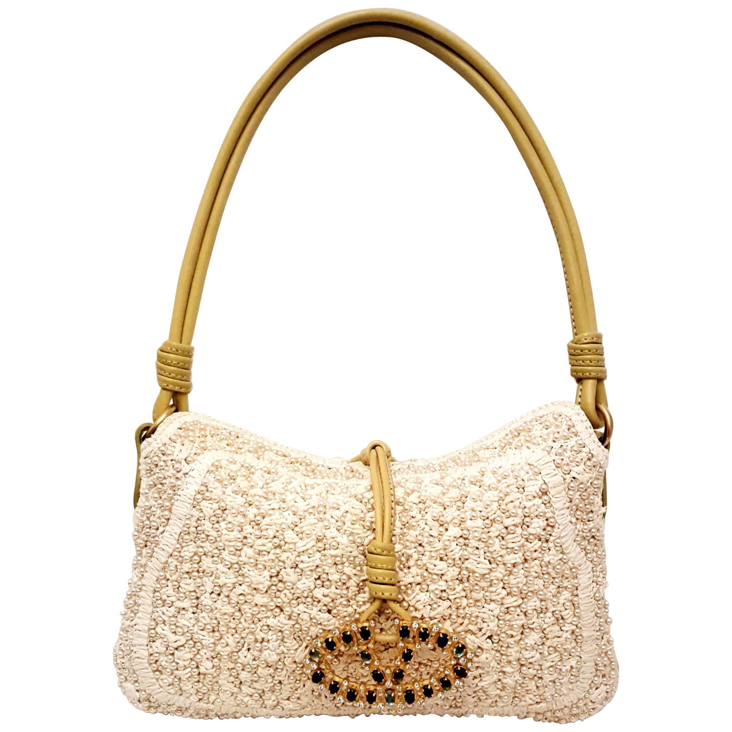 Valentino Ivory Raffia Faux Pearls All Over w/Lime Color Handle & Bejeweled 