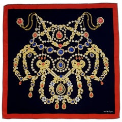 Cultured Cartier Blue Jeweled Jacquard Silk Scarf with Red Border  