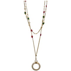 Chanel Vintage Red & Green Gripoix Magnifying Glass Pendant Necklace