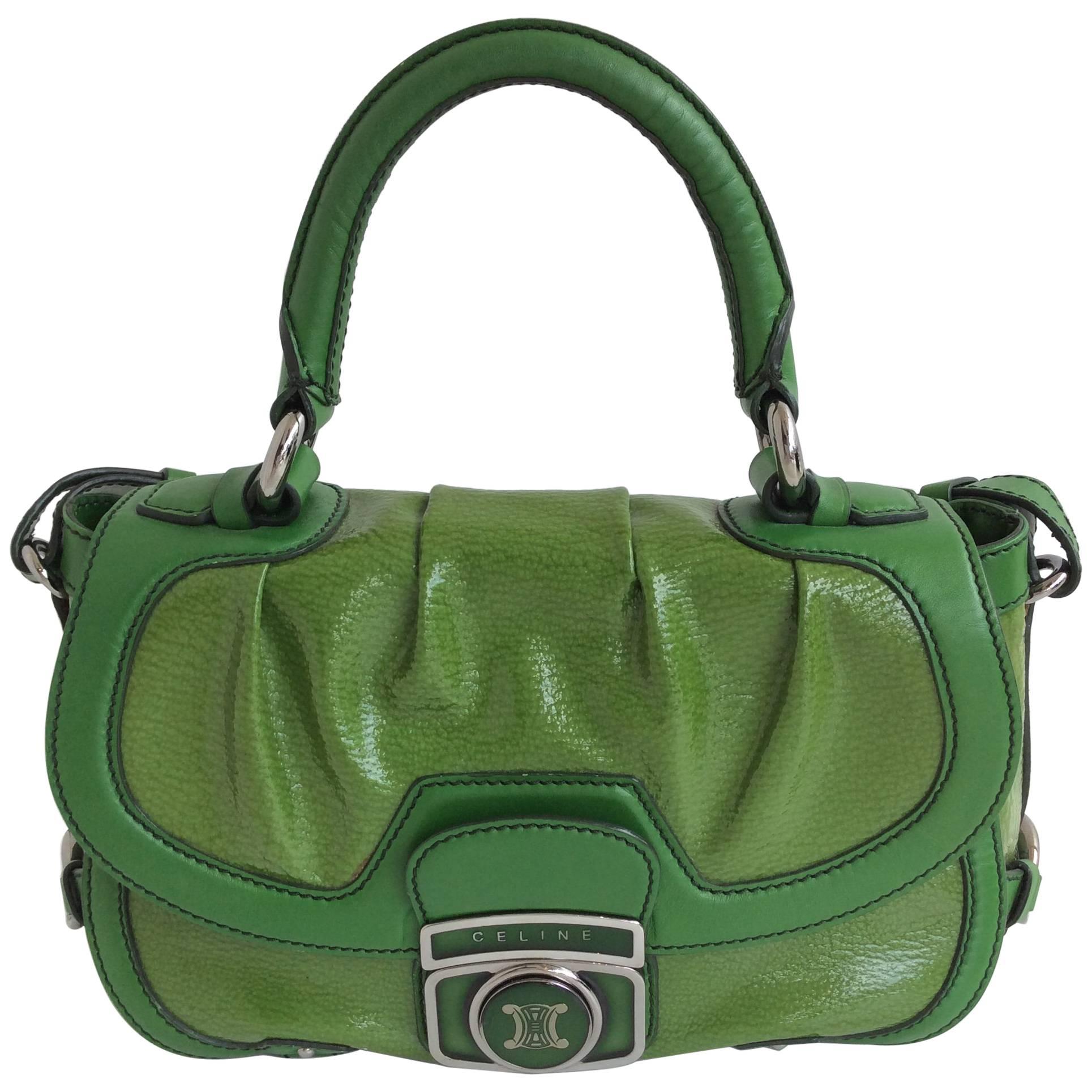 Celine Green Patent Leather Satchel with Shoulder Strap with Silver Hardware For Sale